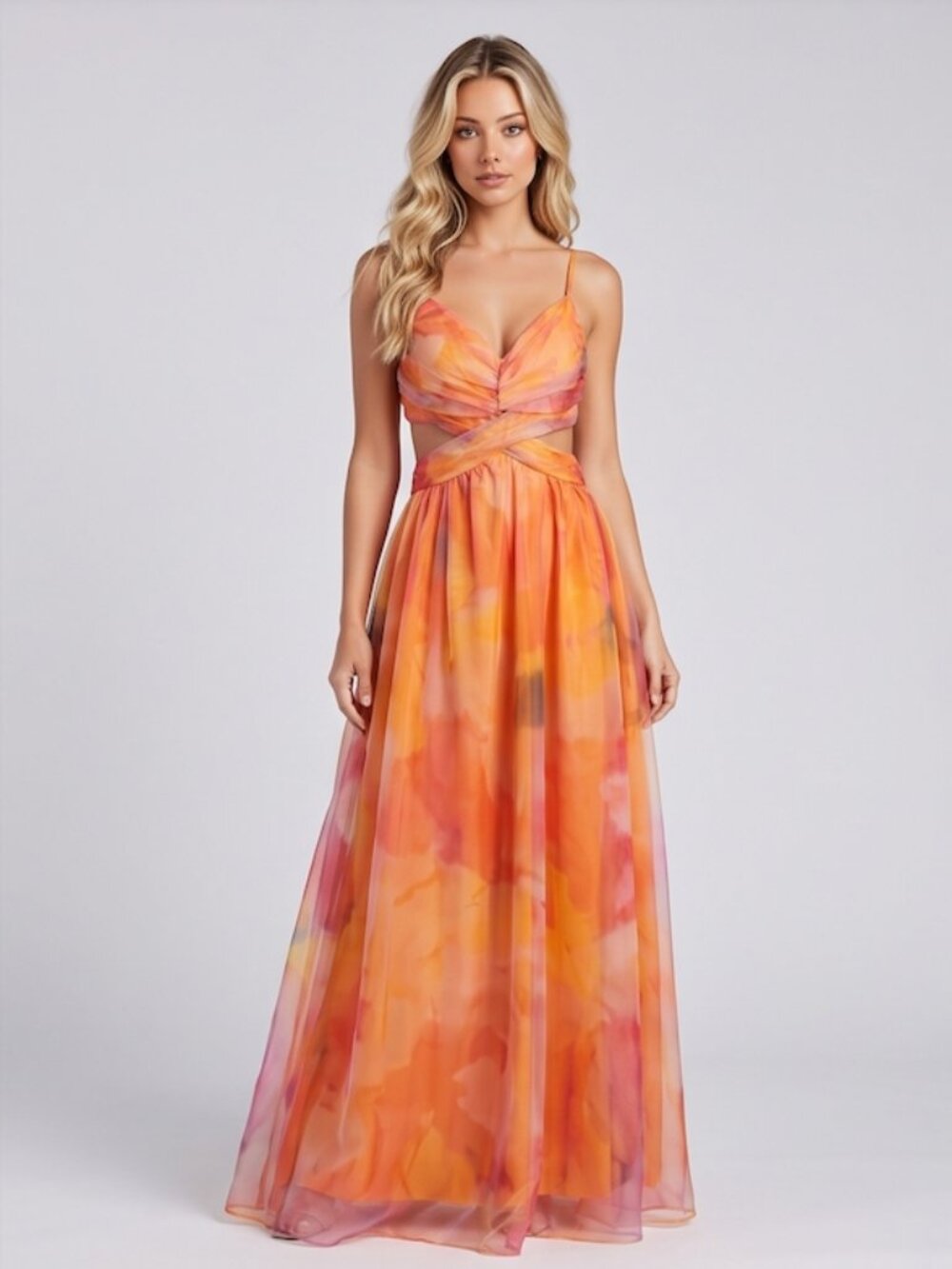 Orange Watercolor Cutout Tie-Back Crisscross  Maxi Dress